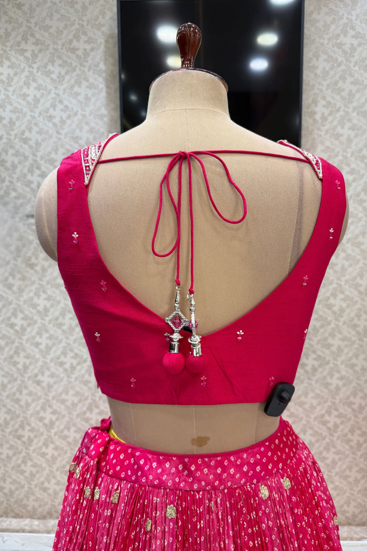 Rani Pink Mirror, Stone, Zardozi and Sequins work with Bandini Print Crop Top Lehenga