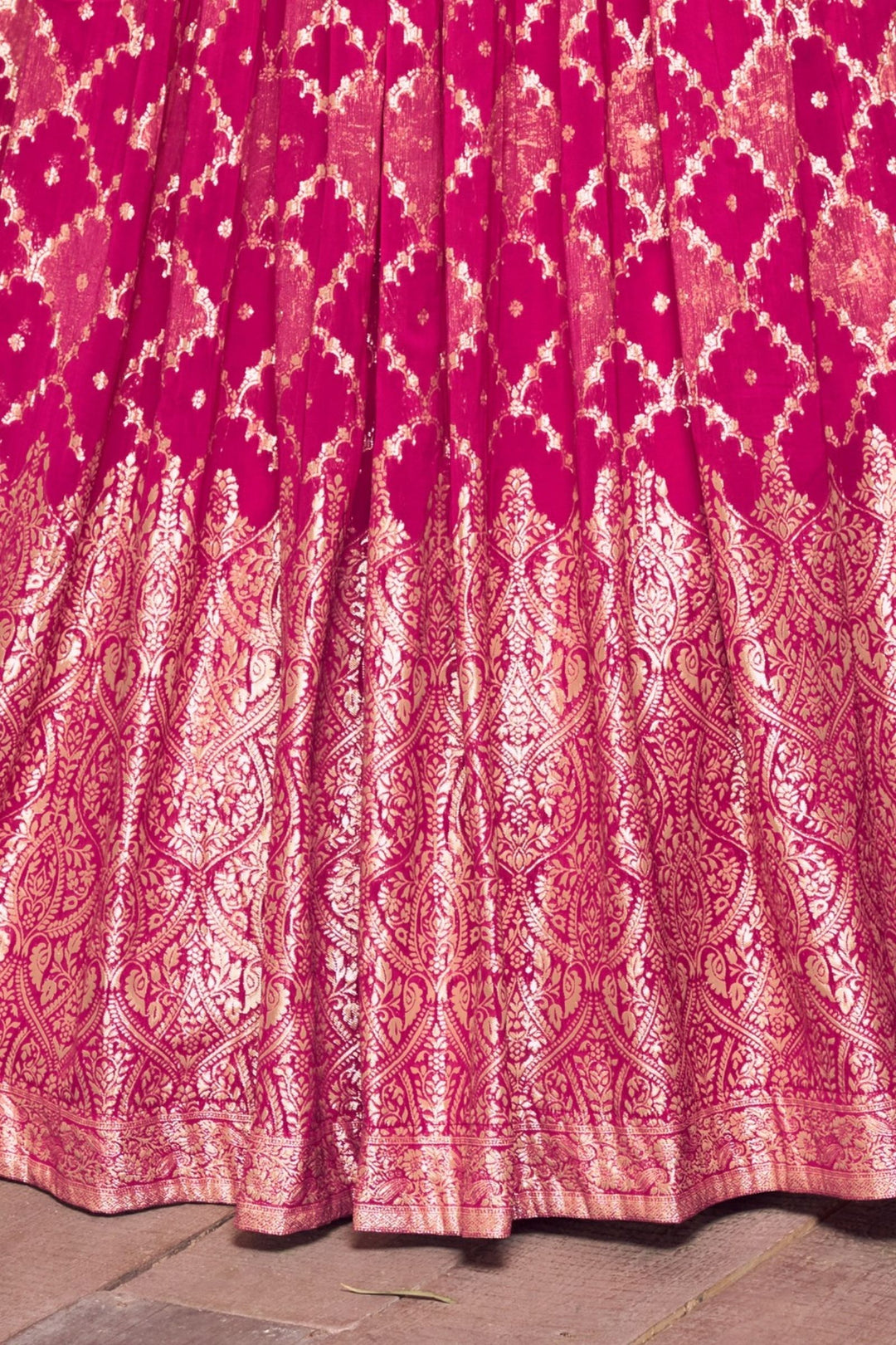 Rani Pink Banaras, Mirror, Beads and Zardozi work Crop Top Lehenga