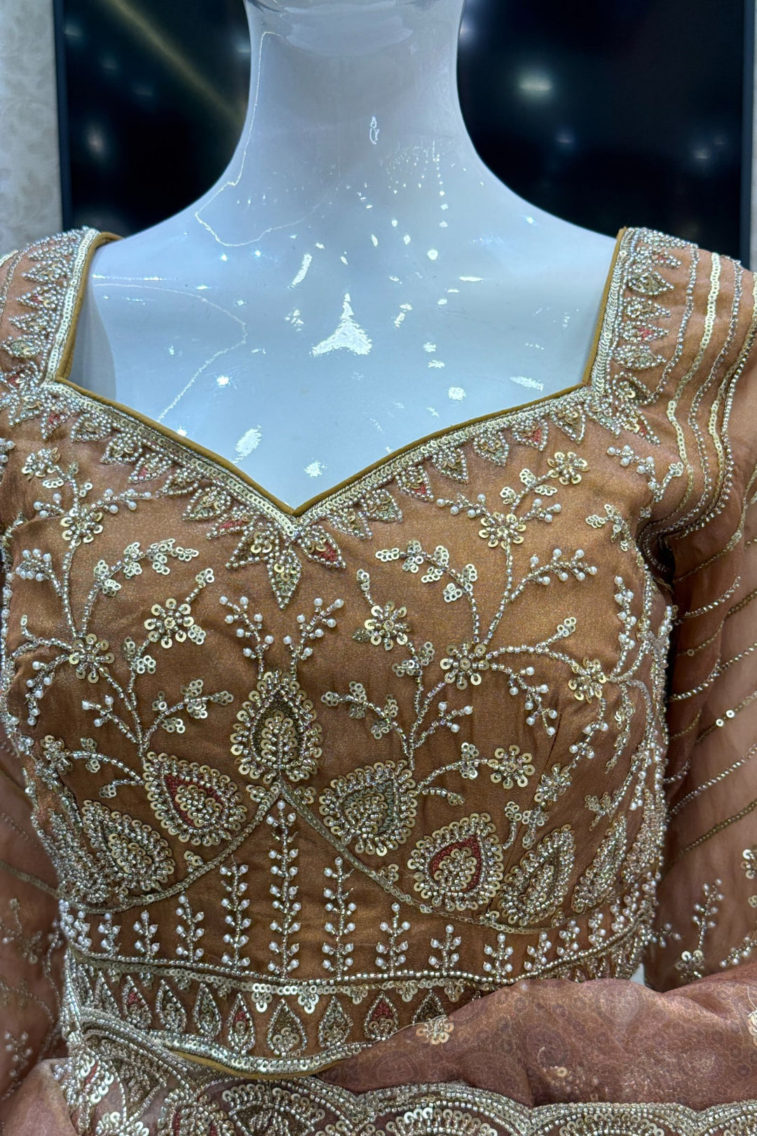 Mustard Pearls, Beads and Multicolor Thread work with Self Print Saree