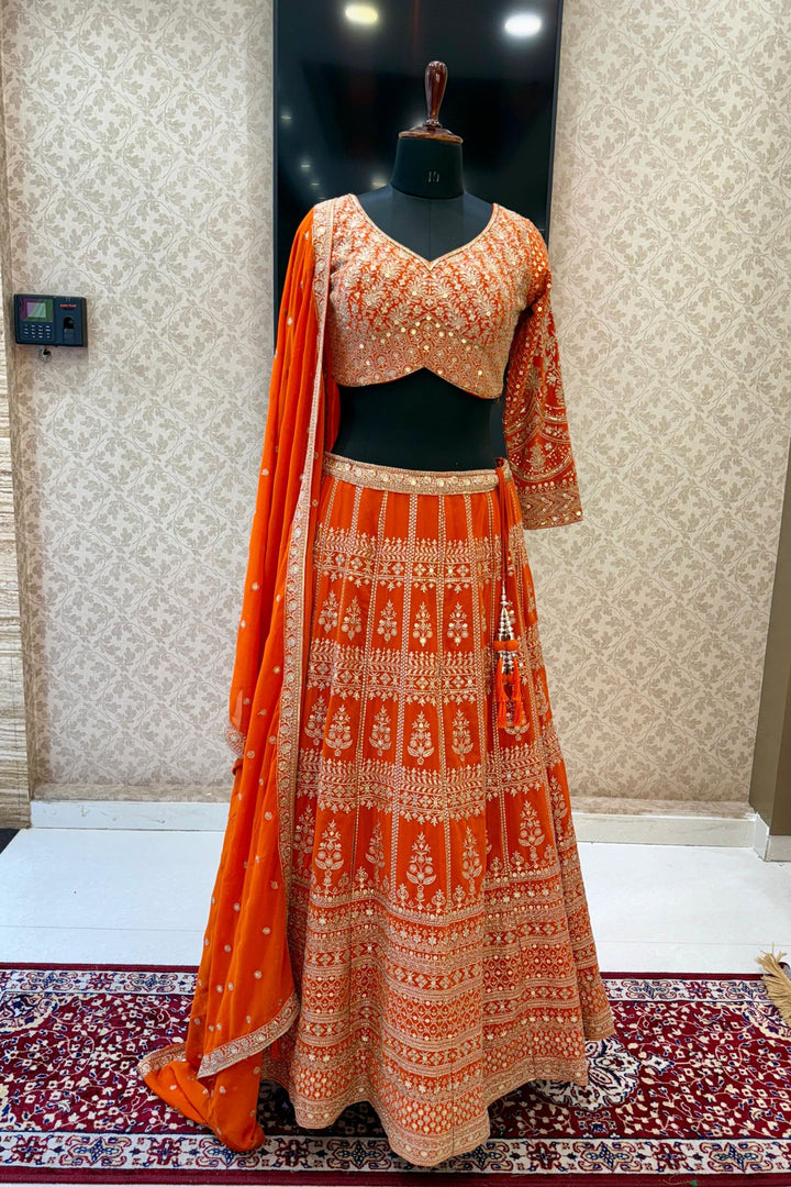 Orange Sequins and Zari work Crop Top Lehenga