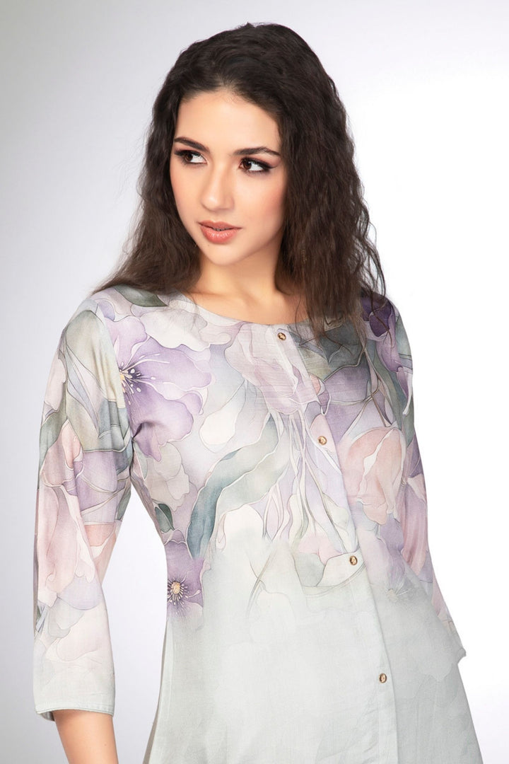 Light Pista Green with Floral Print Short Kurti