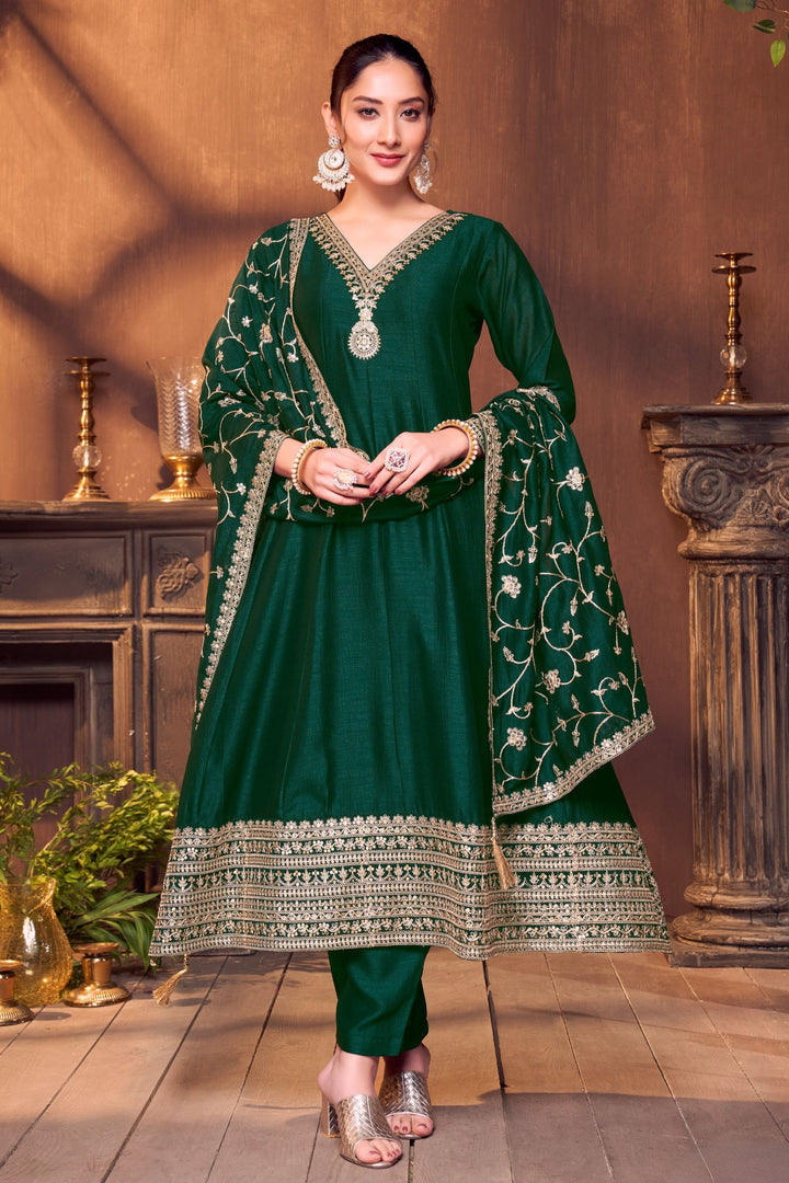 Bottle Green Sequins and Zari work Anarkali Style Salwar