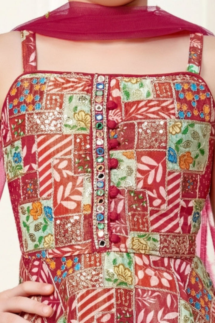 Rani Pink Sequins, Mirror and Stone work with Multicolor Digital Print Joggers Set for Girls