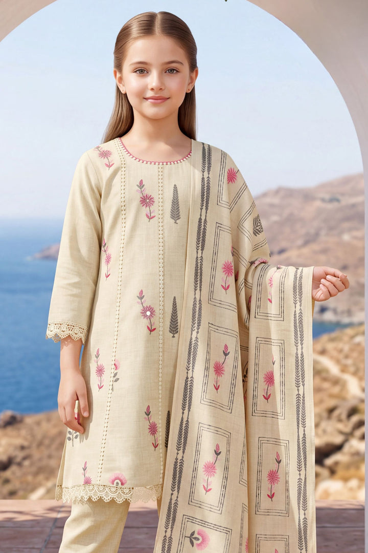 Cream Embroidery and Sequins work Salwar Suit for Girls