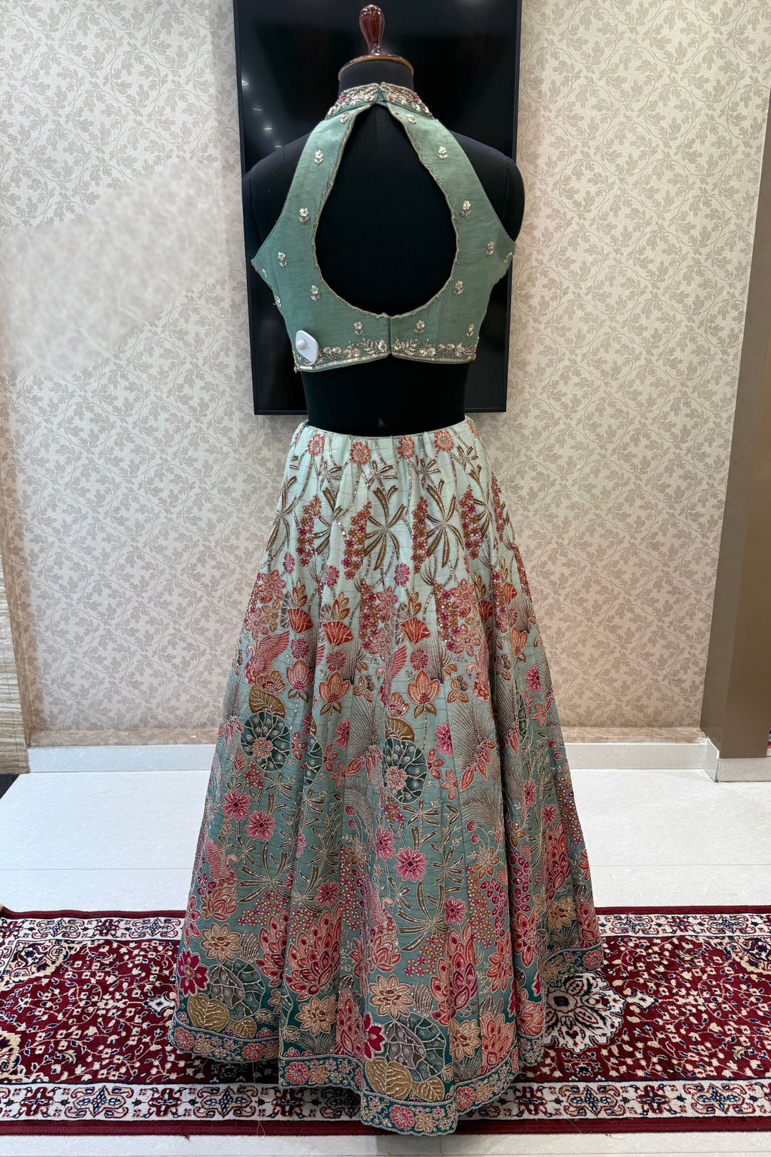 Sea Green Zardozi, Sequins, Beads, Thread and Zari work with Halter Neck Lehenga
