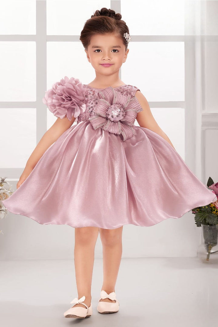 Onion Pink Stone and Sequins work Short Partywear Frock for Girls