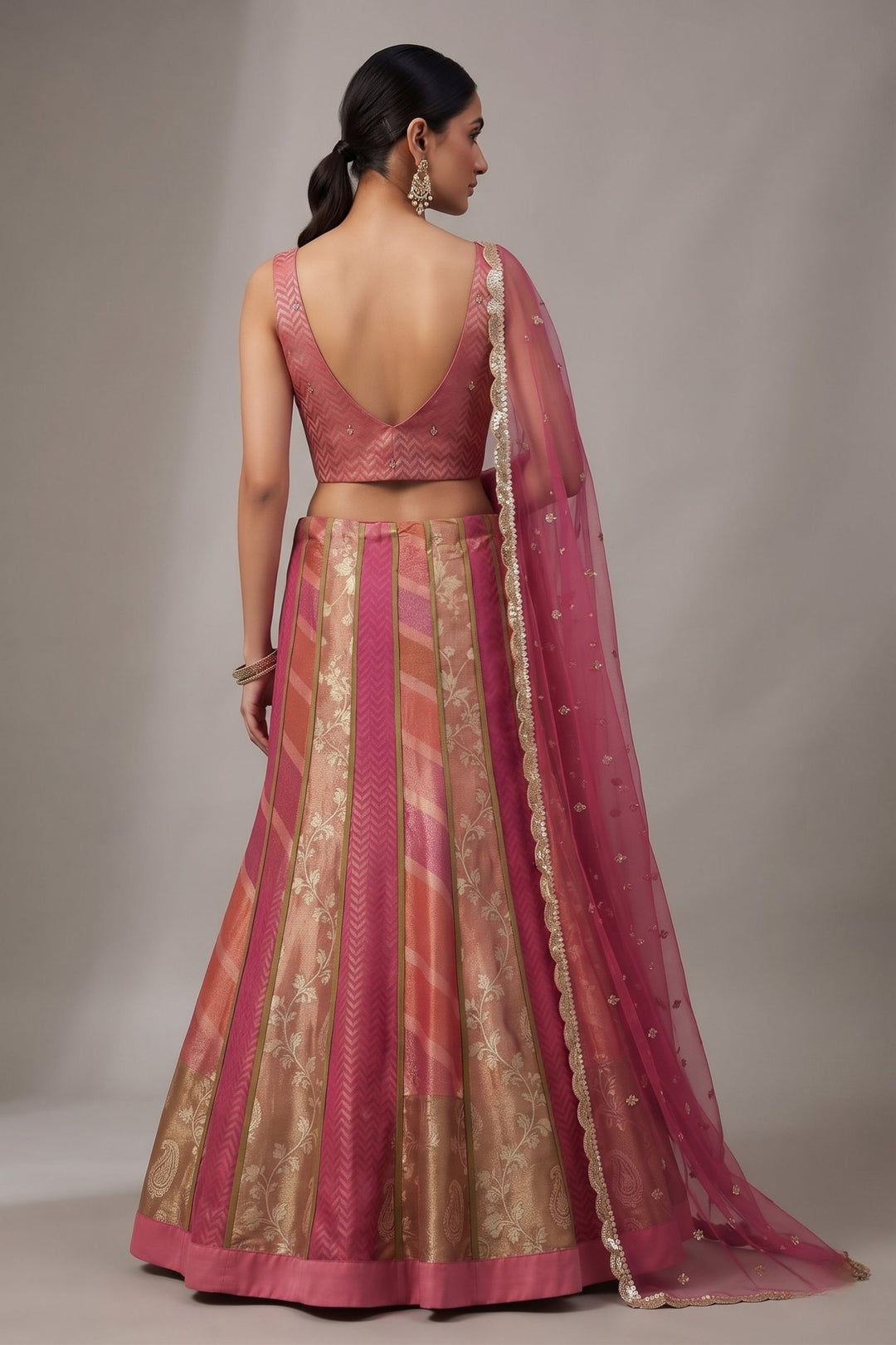 Pink Brocade, Beads, Sequins, Zardozi, Zari and Stone work with Multicolor Lehenga Set