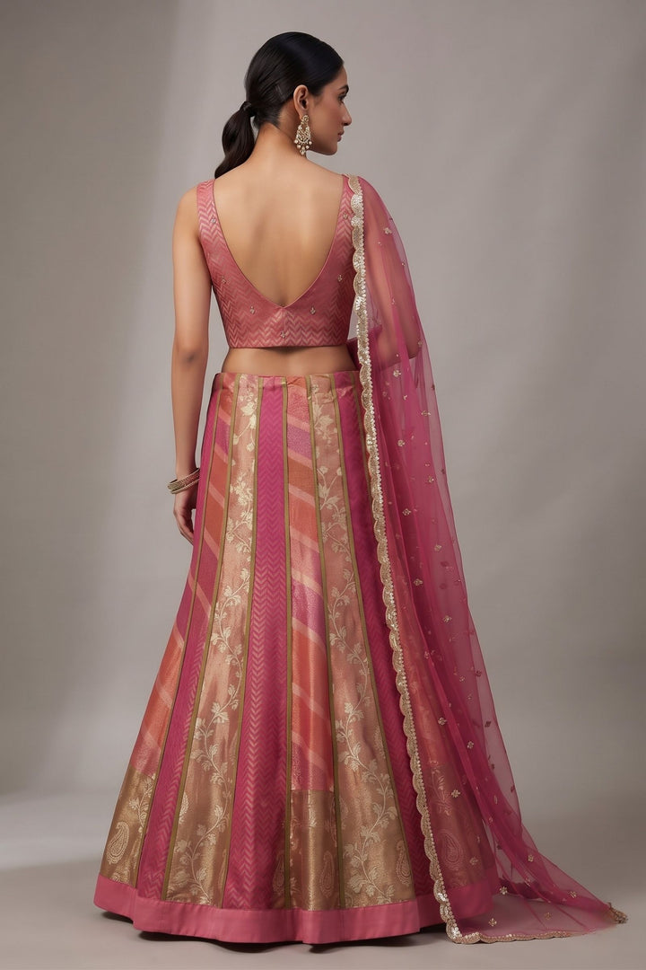 Pink Brocade, Beads, Sequins, Zardozi, Zari and Stone work with Multicolor Lehenga Set