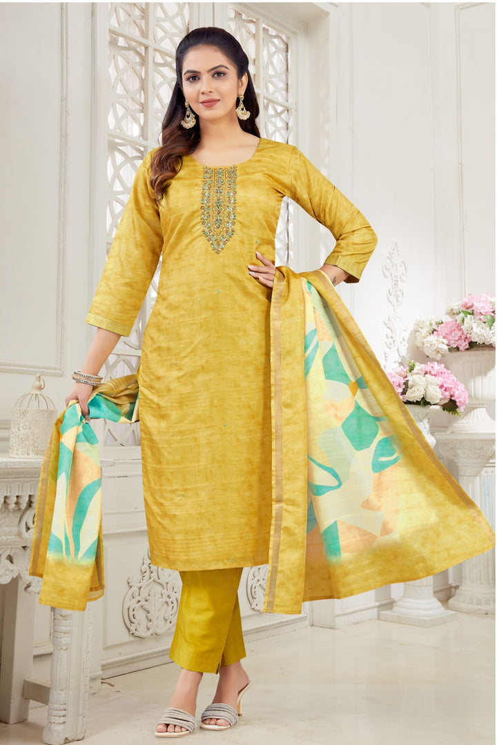 Yellow Zardozi, Sequins, Thread and Mirror work Straight Cut Salwar Suit