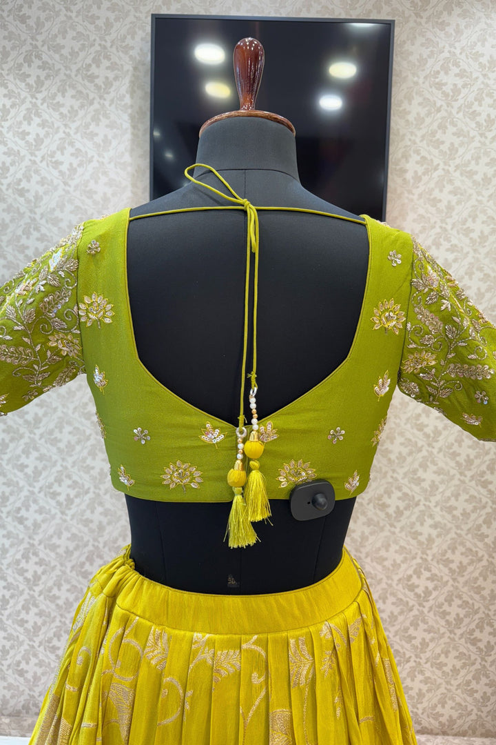 Parrot Green with Liril Green Beads, Sequins, Zardozi and Banaras work Crop Top Lehenga