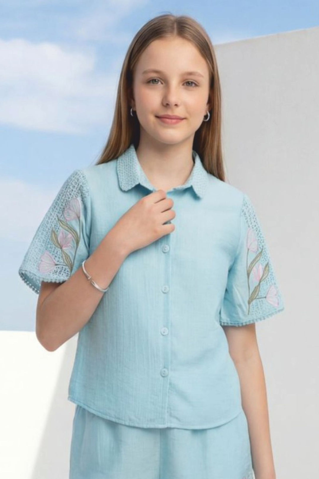 Sky Blue Embroidery work Top and Shorts For Girls