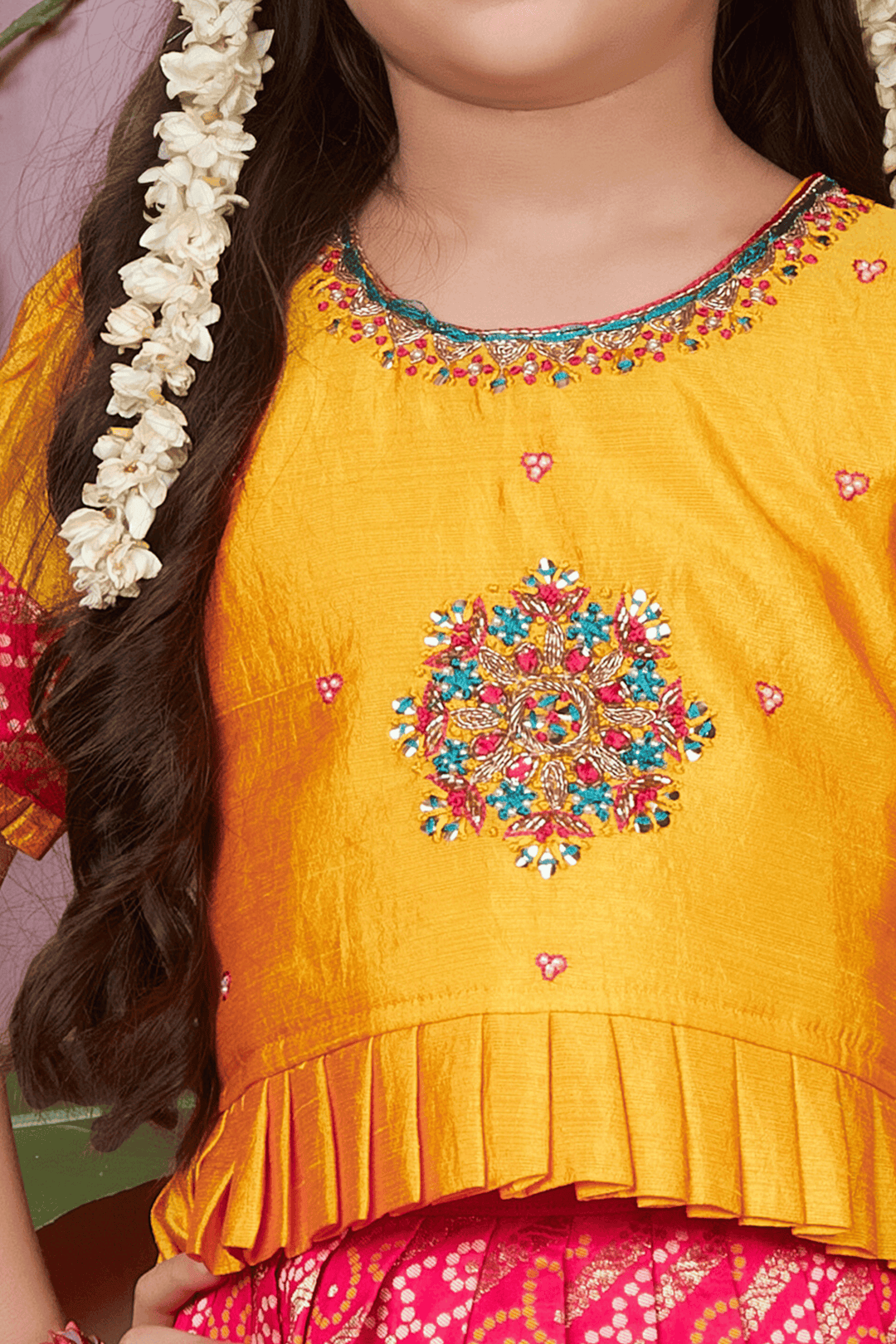 Yellow with Pink Banaras, Sequins, Zardozi and Beads work with Bandini Print Lehenga Choli for Girls - Seasons Chennai