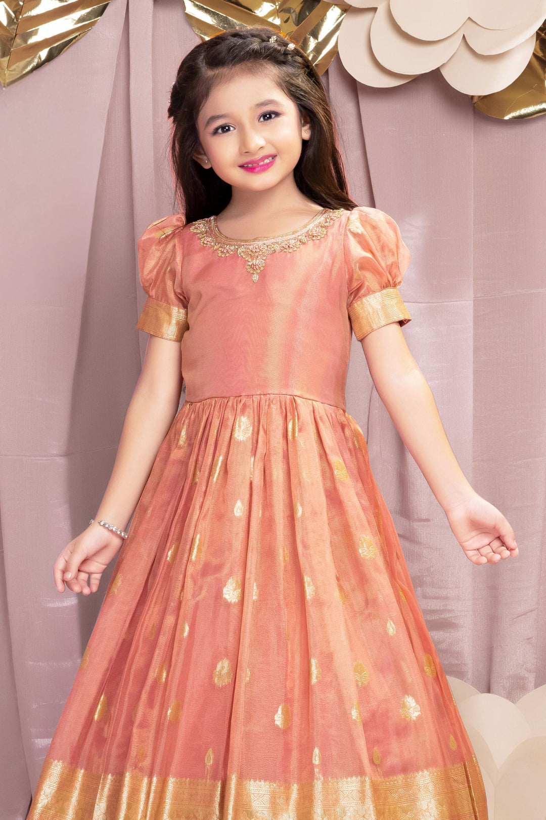 Onion Pink Zari, Zardozi, Sequins, Stone and Thread work Long Party Gown for Girls