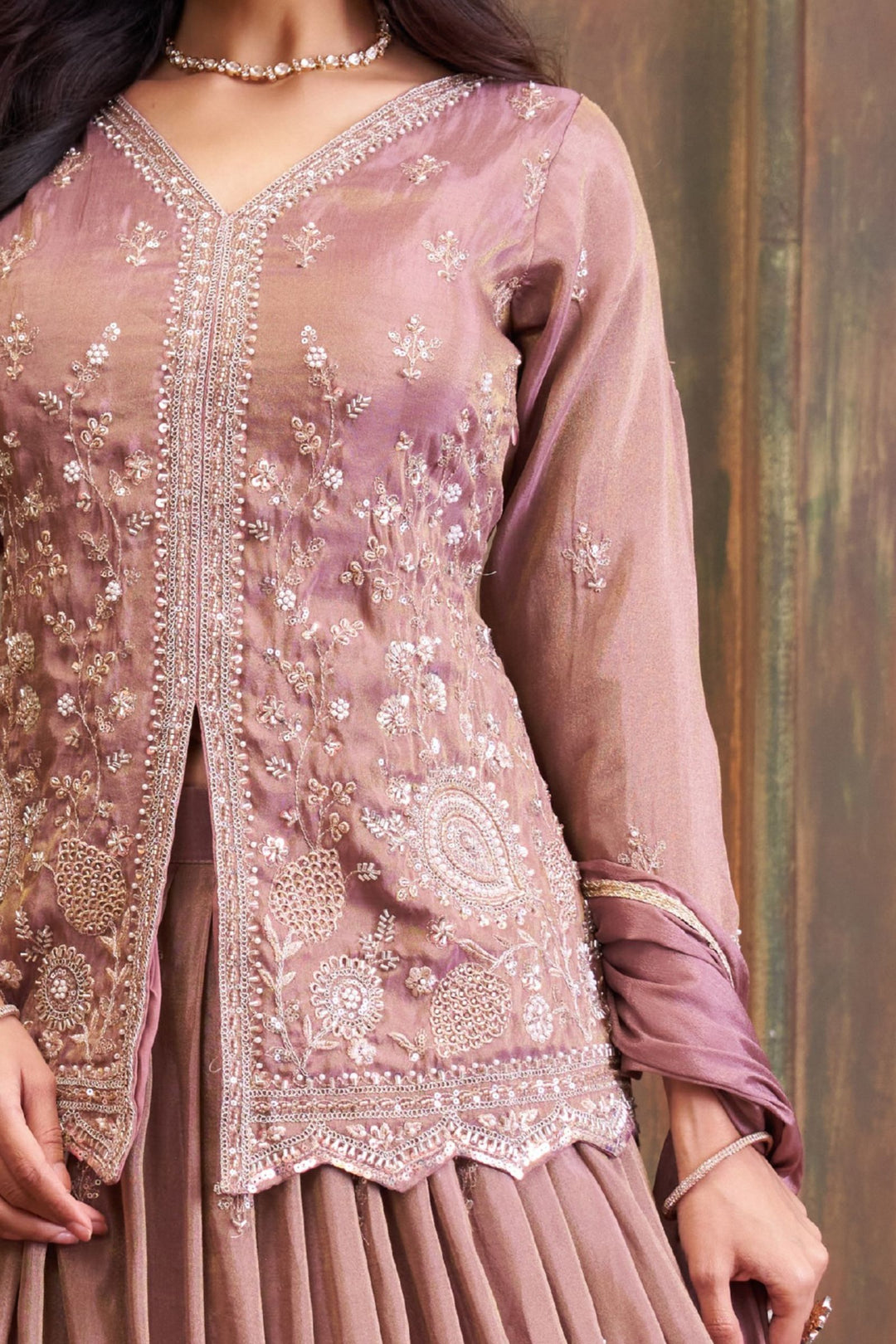 Onion Pink Beads, Pearl and Sequins work Peplum Style Lehenga
