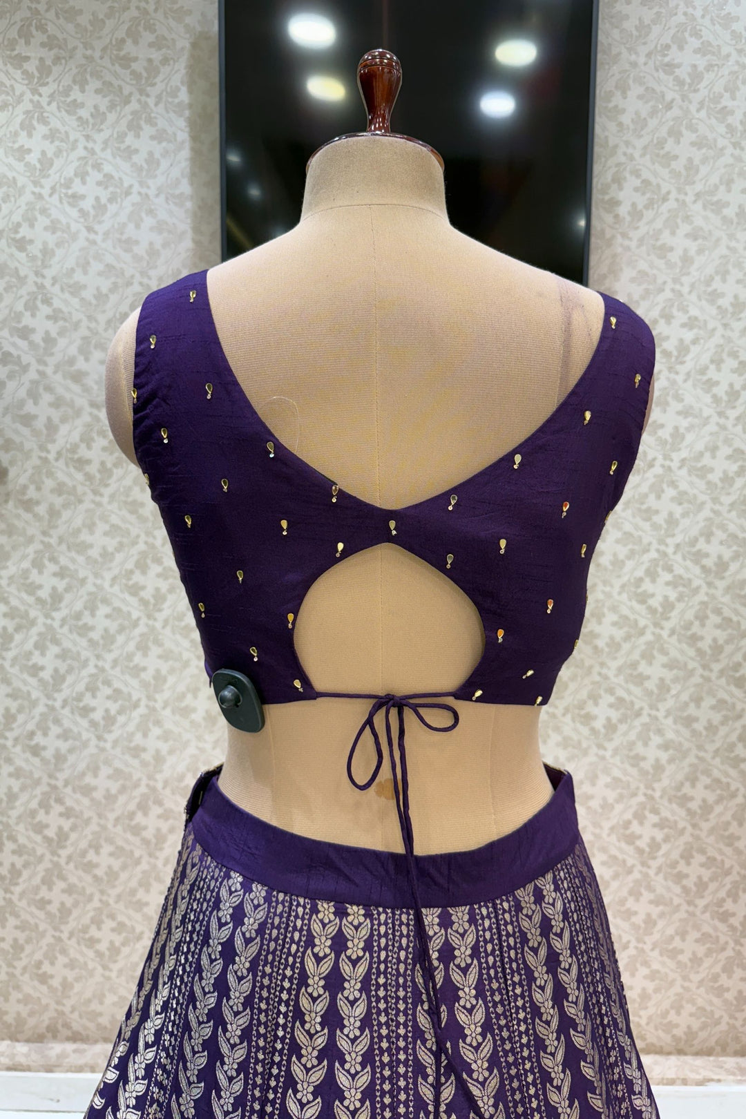 Purple Mirror, Beads, Zari, Banaras and Sequins work Crop Top Lehenga