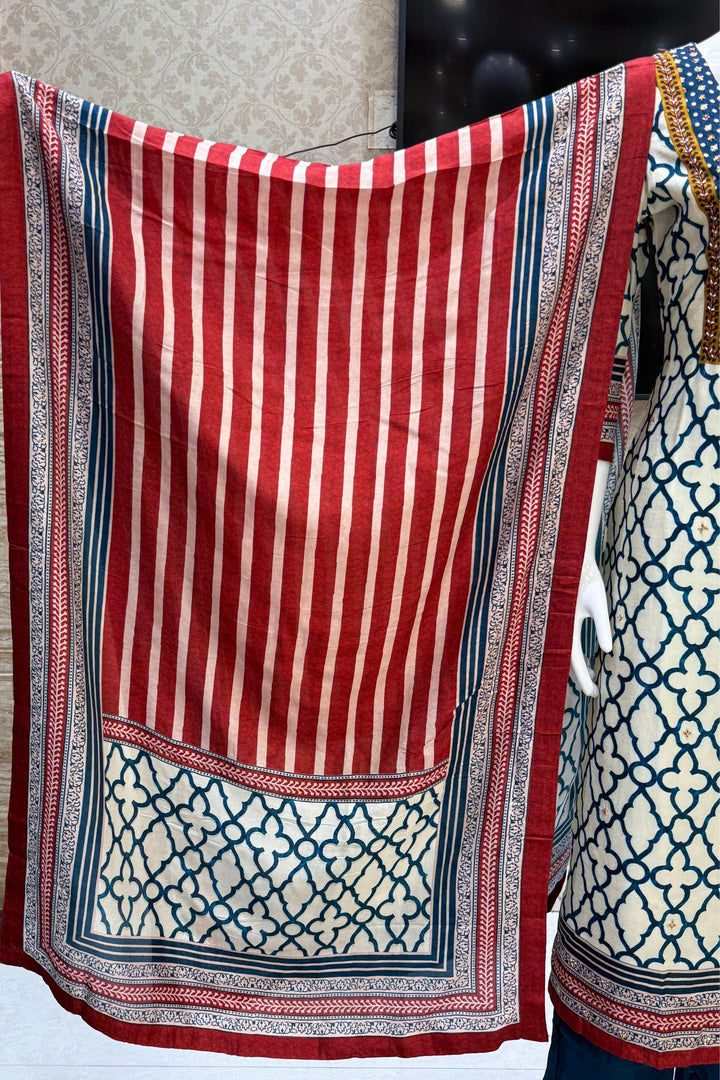 Cream with Peacock Blue Beads and Mirror work with Ajrakh Print Straight Cut Salwar Suit