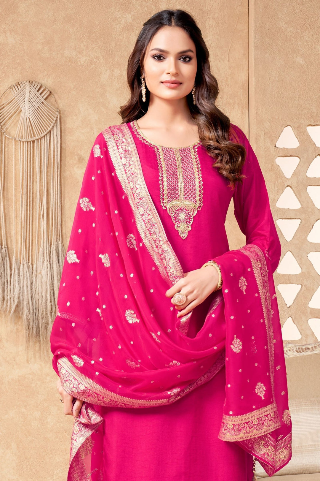 Rani Pink Sequins, Zari, Beads and Zardozi work Straight Cut Salwar Suit
