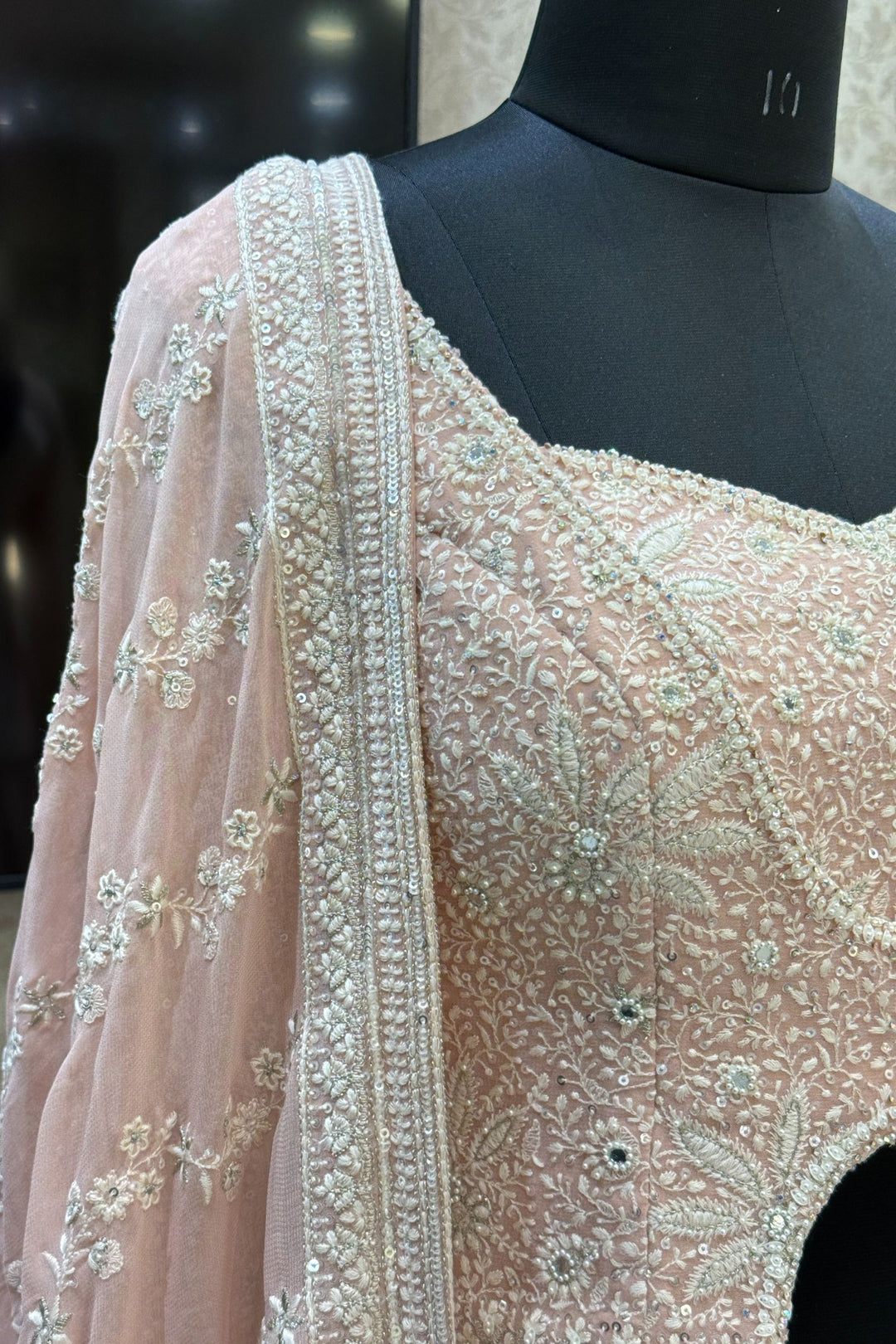 Peach Lucknowi, Sequins, Mirror, Beads and Zari work Crop Top Lehenga