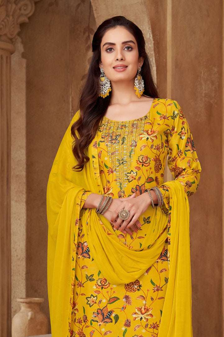 Mustard Yellow Beads, Mirror and Banaras work with Floral Print Straight Cut Salwar Suit