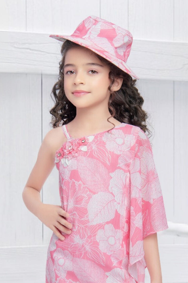 Pink Floral Print Western Short Frock For Girls