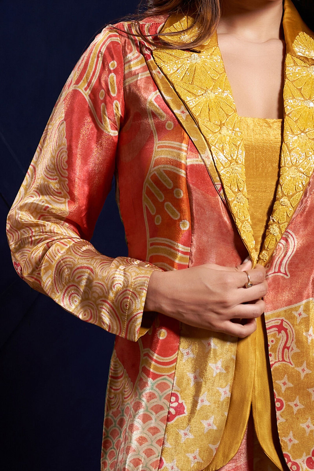 Mustard Yellow with Multicolor Digital Print Crop Top with Overcoat Styled Palazzo Suit Set