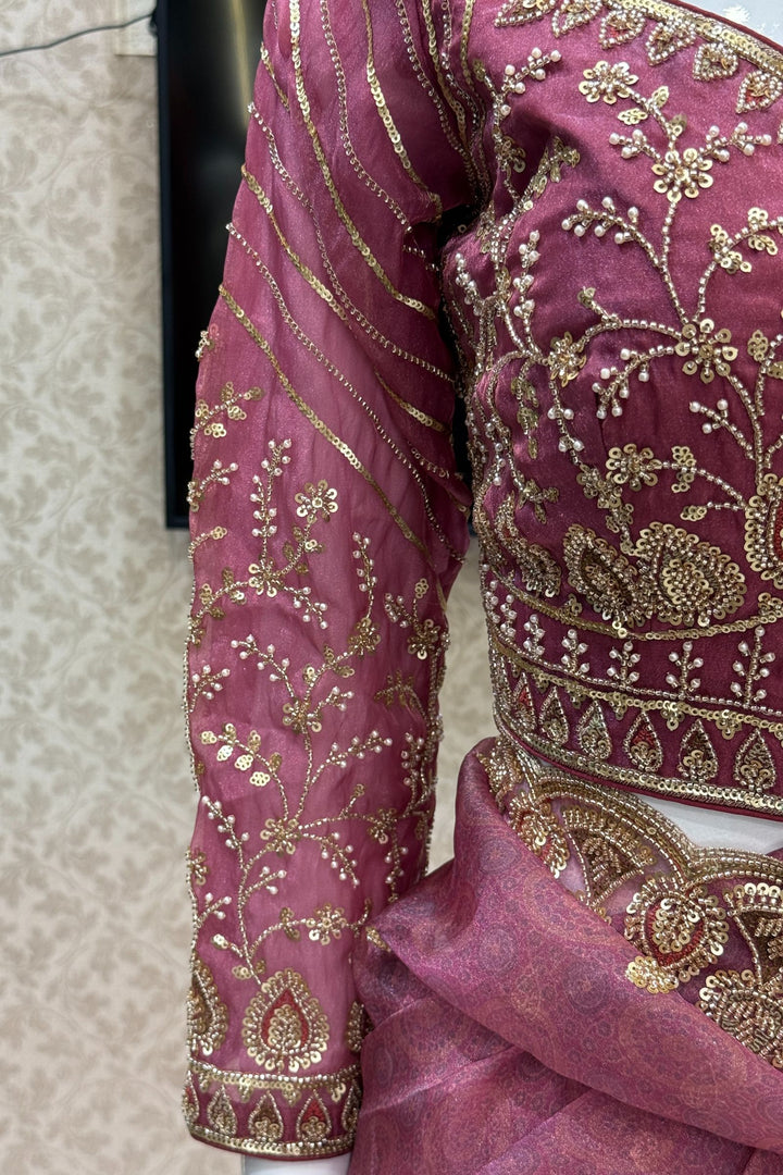 Onion Pink Pearls, Beads and Multicolor Thread work with Self Print Saree