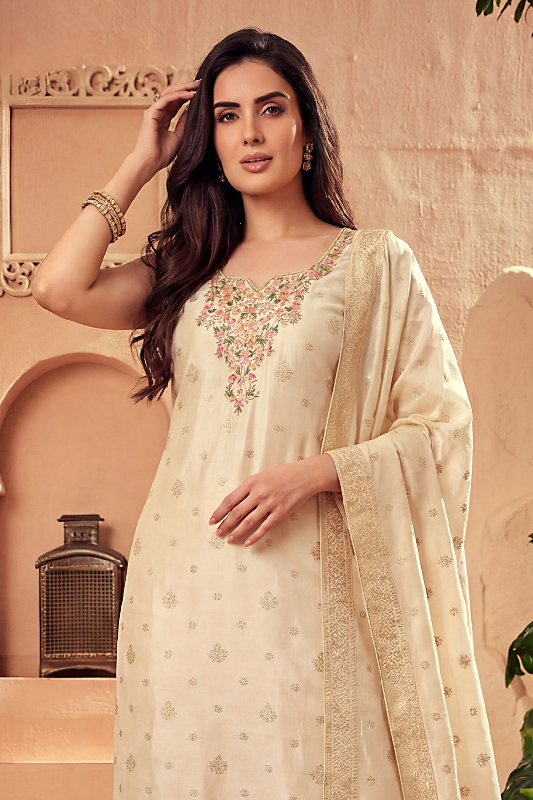 Cream Multicolor Thread, Beads, Zardozi and Banaras Butta work Straight Cut Salwar Suit
