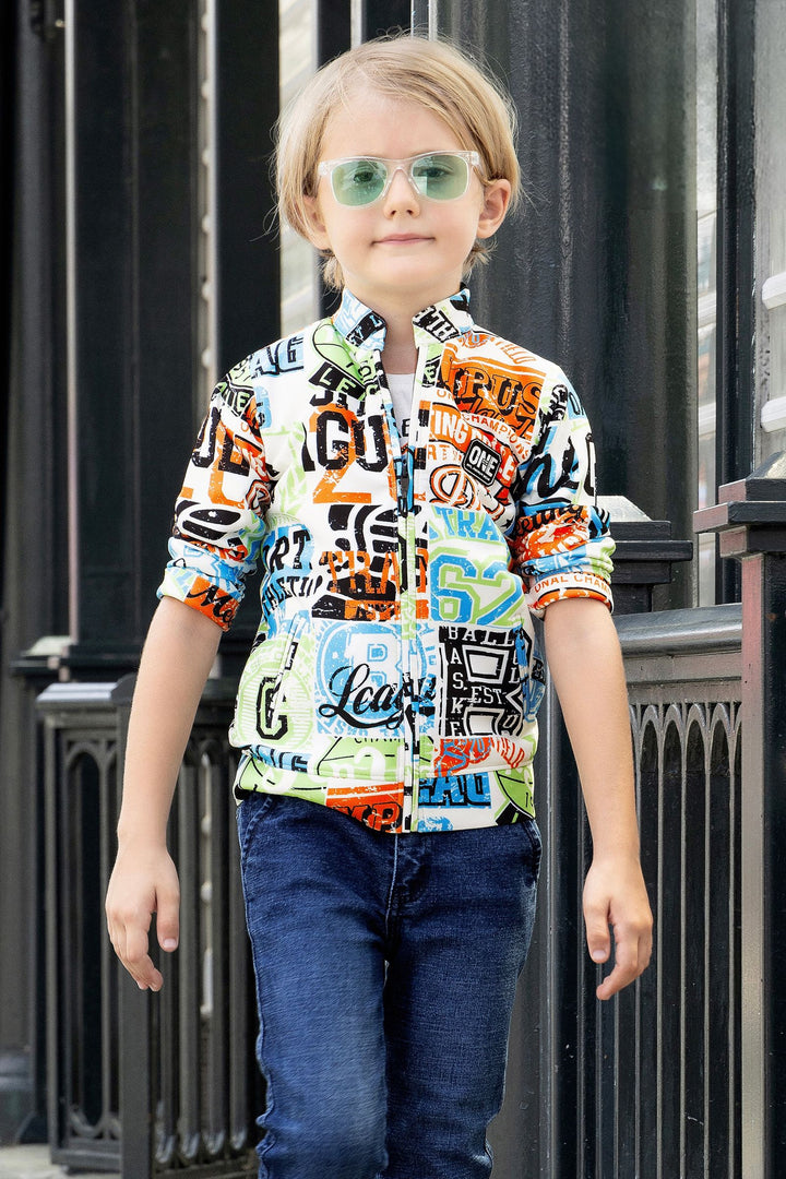 White with Multicolor Printed Blazer, T-Shirt and Blue Pant Set for Boys with Belt