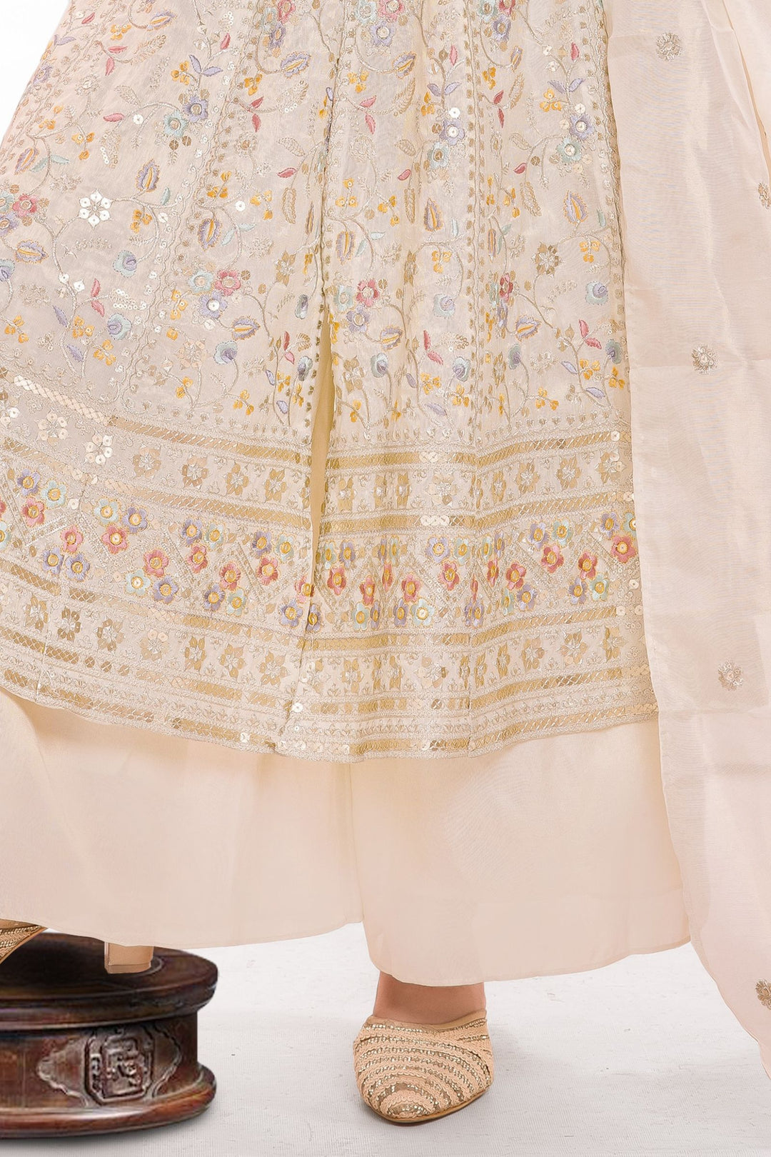 Cream Multicolor Thread, Zari and Sequins work Palazzo Suit Set for Girls