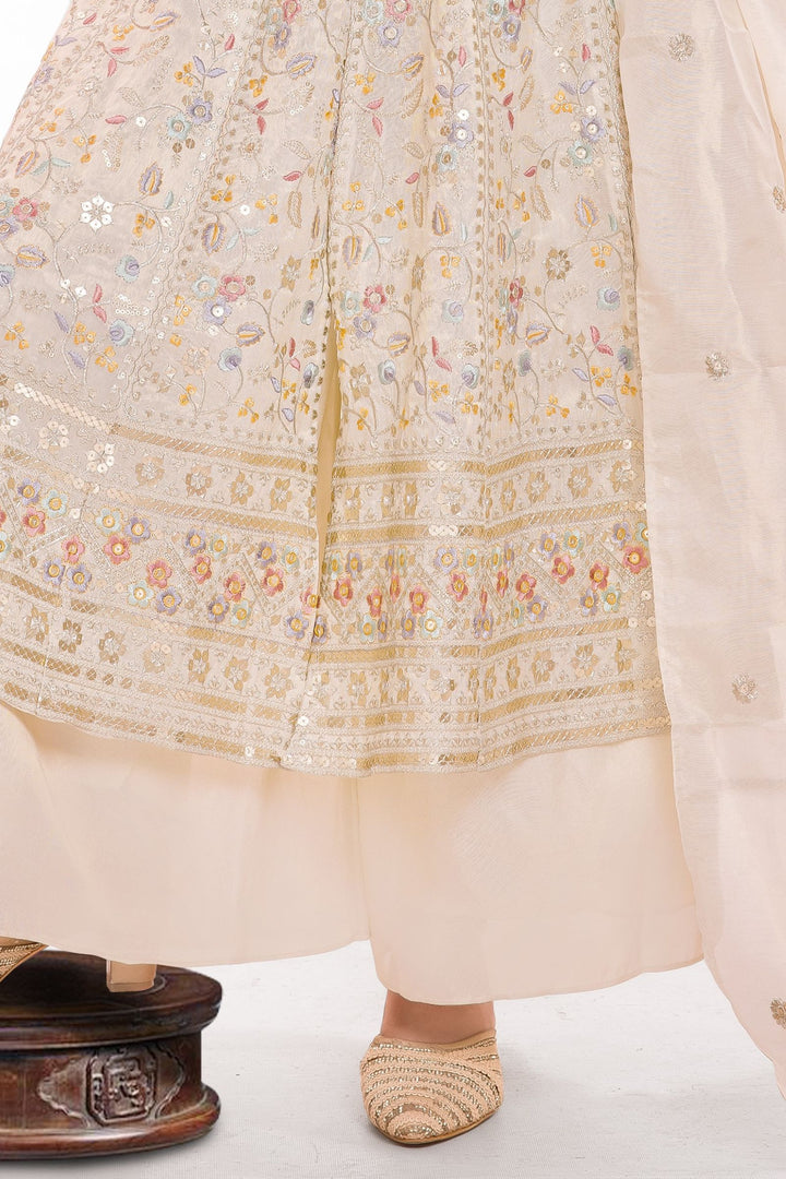 Cream Multicolor Thread, Zari and Sequins work Palazzo Suit Set for Girls