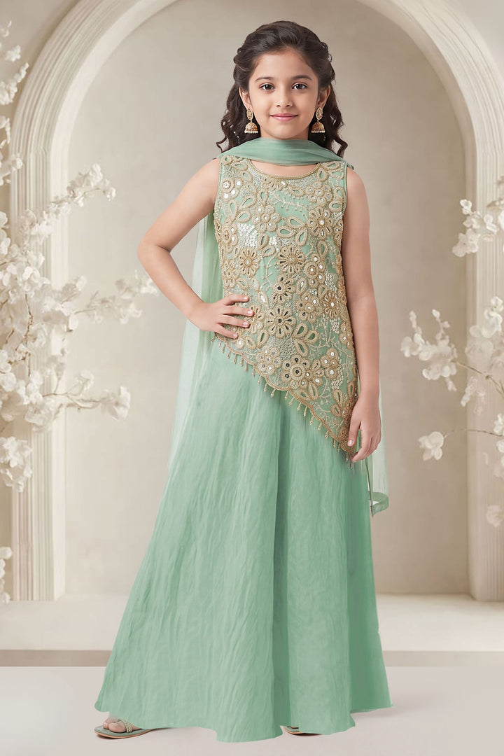 Sea Green Beads, Sequins and Thread work Palazzo Suit Set for Girls