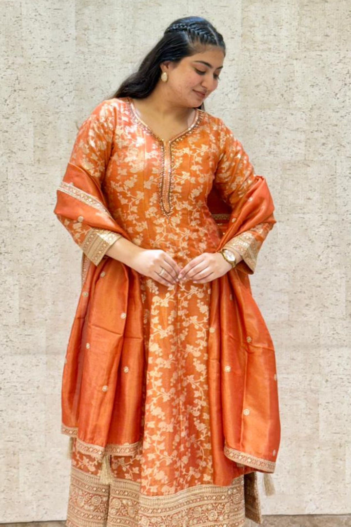 Orange Banaras, Beads, Sequins, Stone and Zari work Anarkali Style Salwar