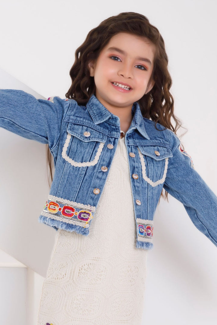 Cream with Blue Sequins and Thread work Jacket Styled Short Frock For Girls
