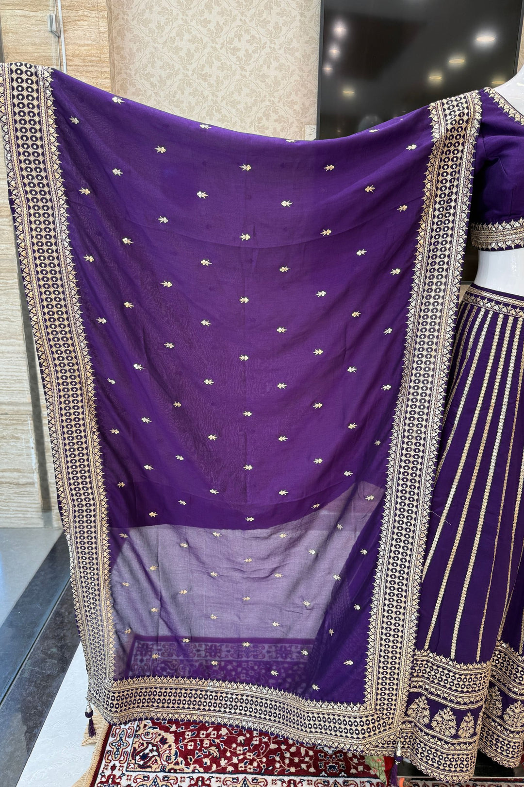 Purple Sequins and Zari work Crop Top Lehenga