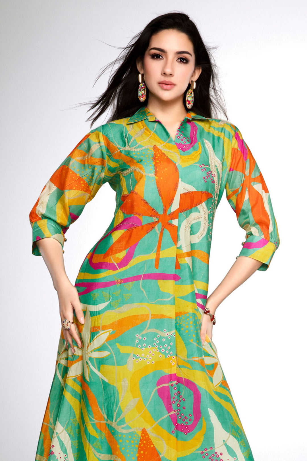 Sea Green with Multicolor Digital Print and Beads work Calf Length Kurti