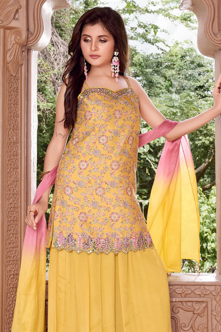 Yellow Mirror, Thread, Zari and Stone work with Digital Print Palazzo Suit Set for Girls
