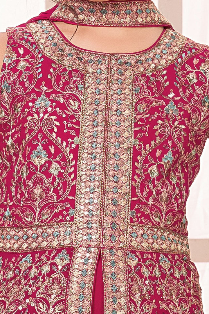 Rani Pink Sequins, Stone and Multicolor Thread work Palazzo Suit Set for Girls