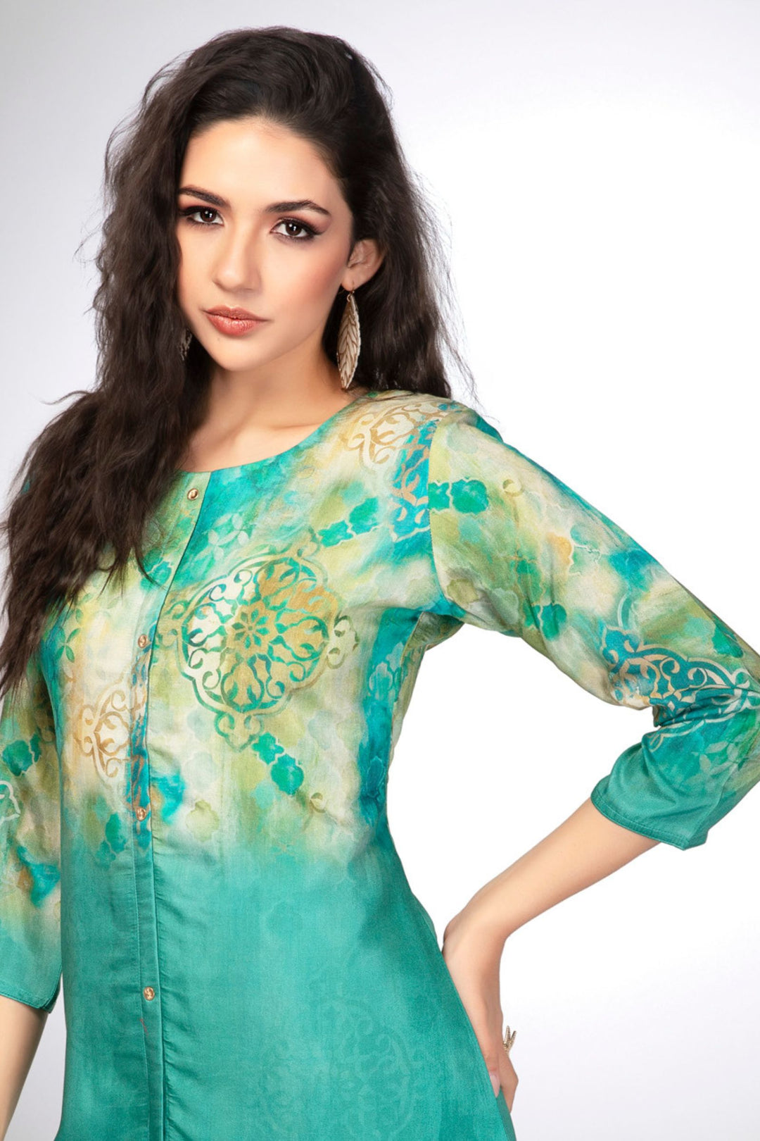 Aqua Green Digital Print Short Kurti