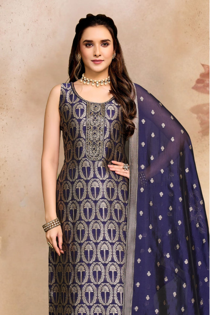 Navy Blue Mirror, Banaras, Stone and Zardozi work Straight Cut Salwar Suit