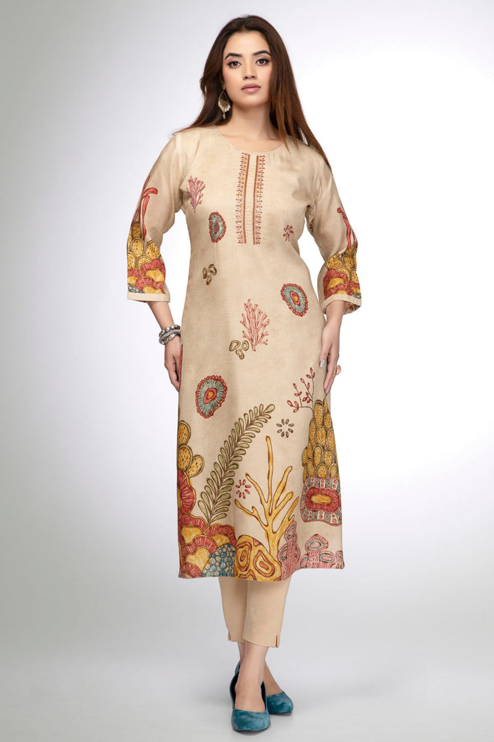 Sandal Botanical Print Straight Kurta Set with Multicolor Artistic Motifs