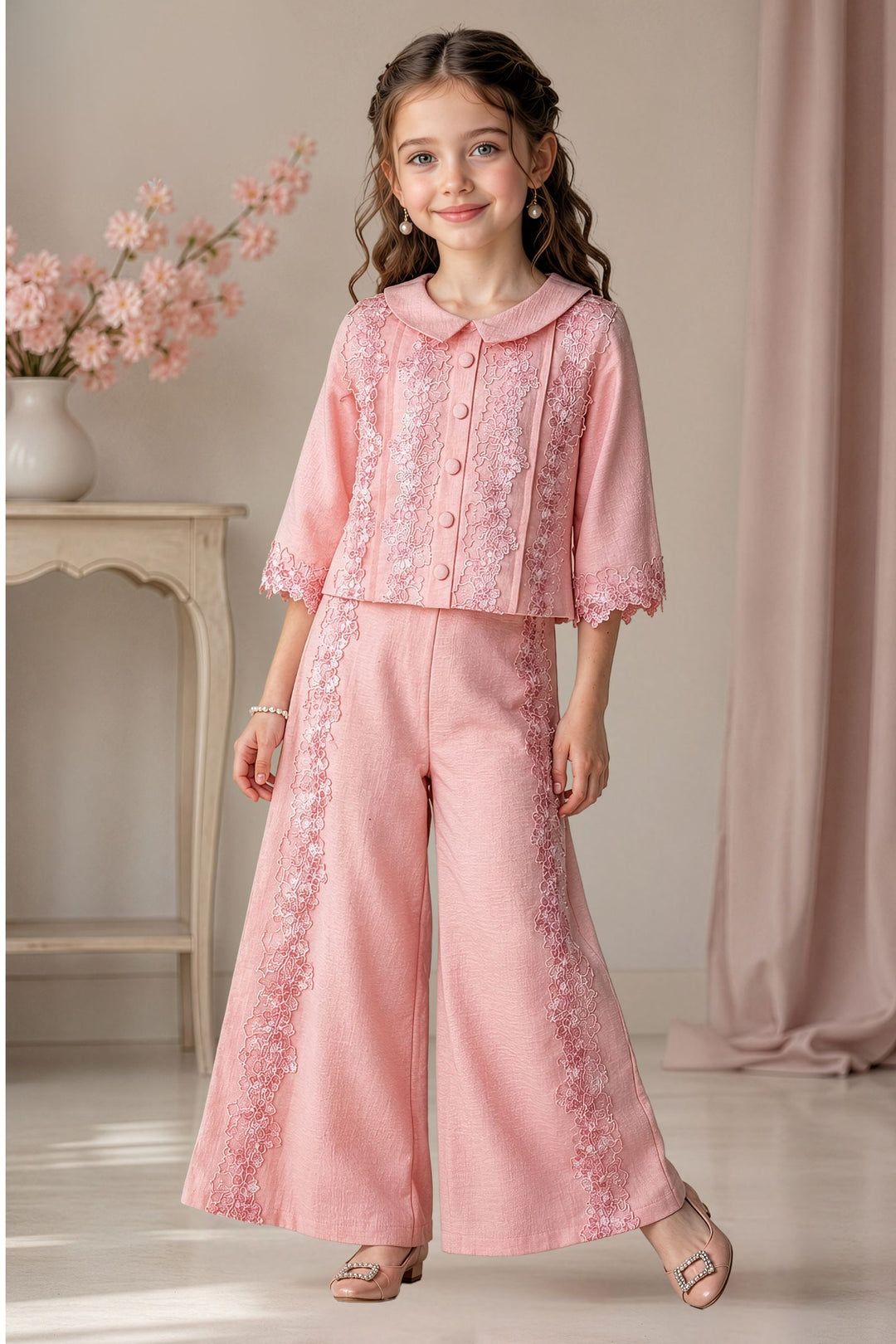 Peach Lace Embroidery work Top and Palazzo Set for Girls