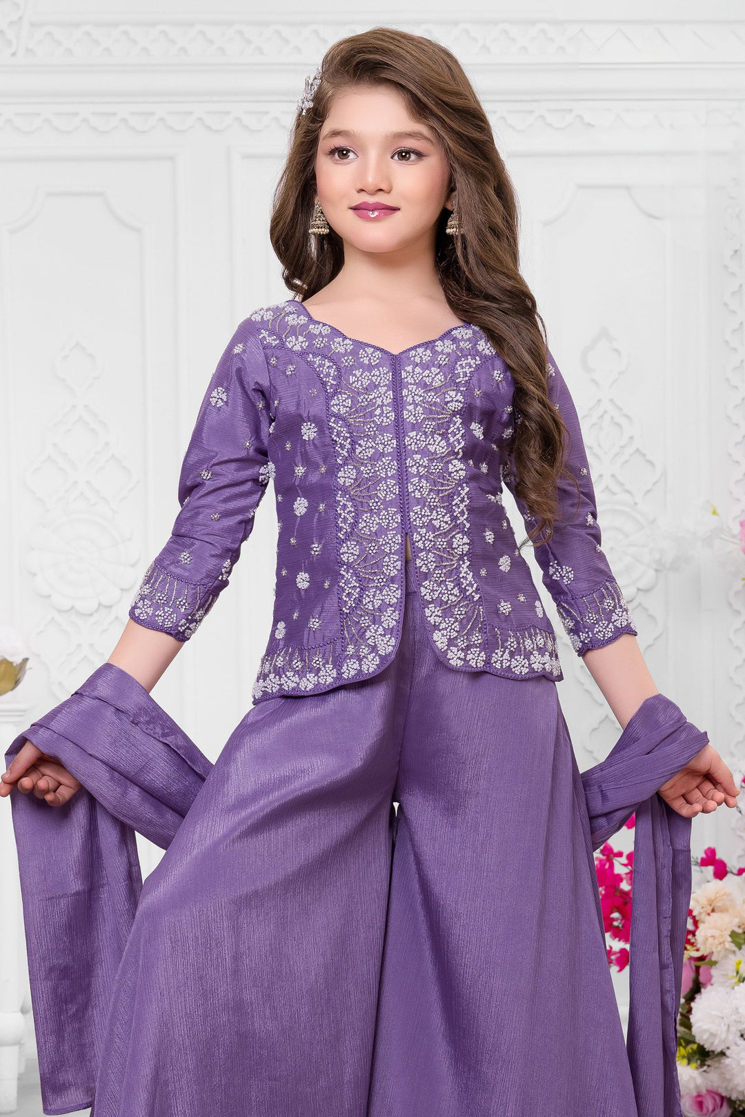 Lavender Beads work Palazzo Suit Set for Girls
