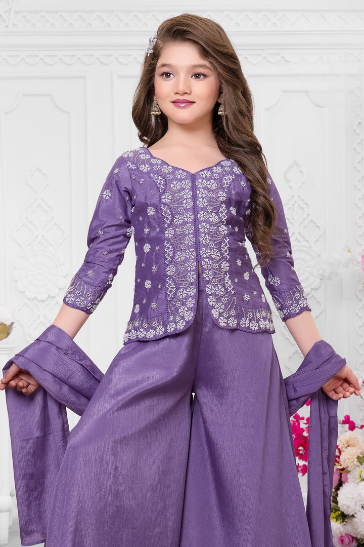 Lavender Beads work Palazzo Suit Set for Girls