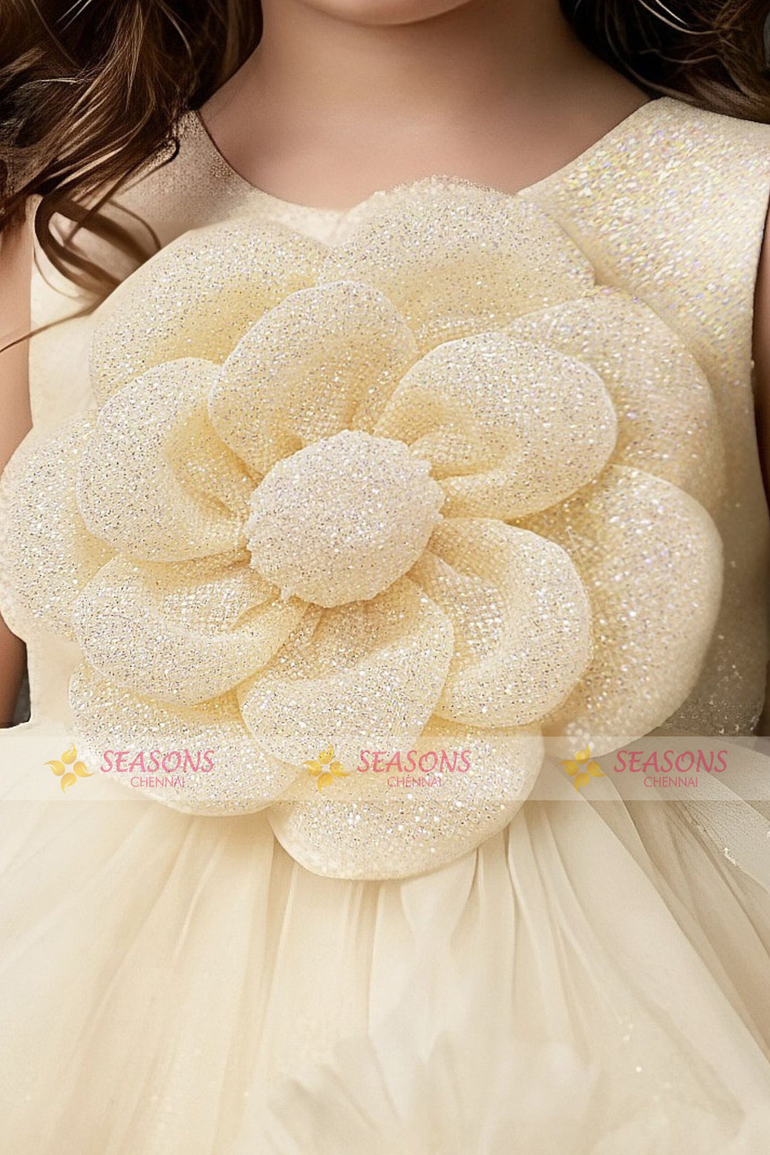 Light Yellow Glitter work Tail Cut Double Layered Partywear Frock for Girls