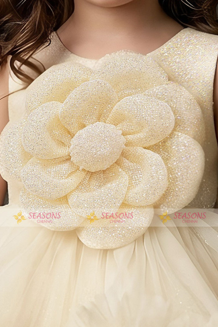 Light Yellow Glitter work Tail Cut Double Layered Partywear Frock for Girls