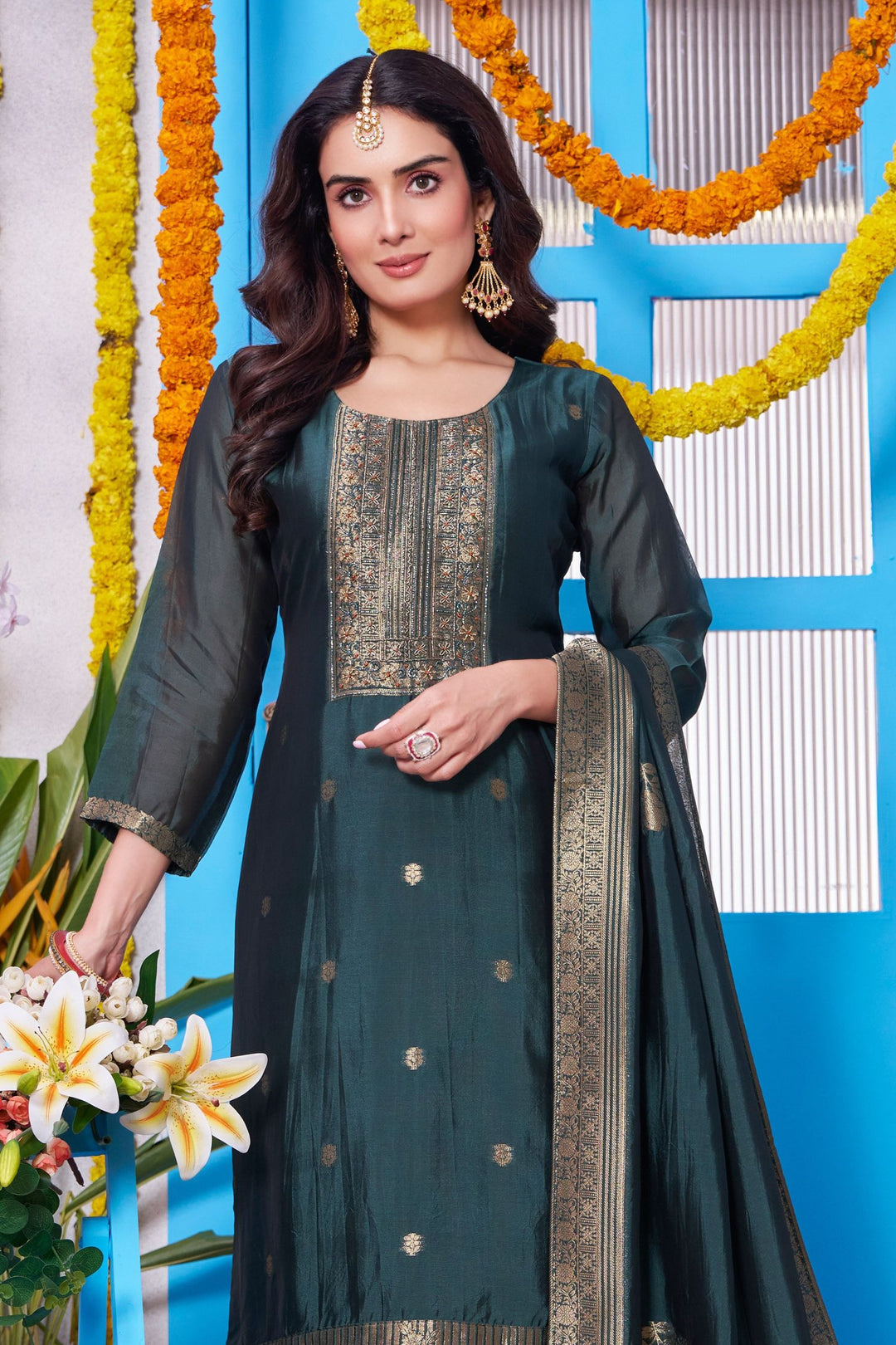 Bottle Green Banaras, Beads, Thread and Zardozi work Straight Cut Salwar Suit