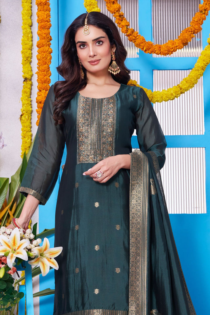 Bottle Green Banaras, Beads, Thread and Zardozi work Straight Cut Salwar Suit