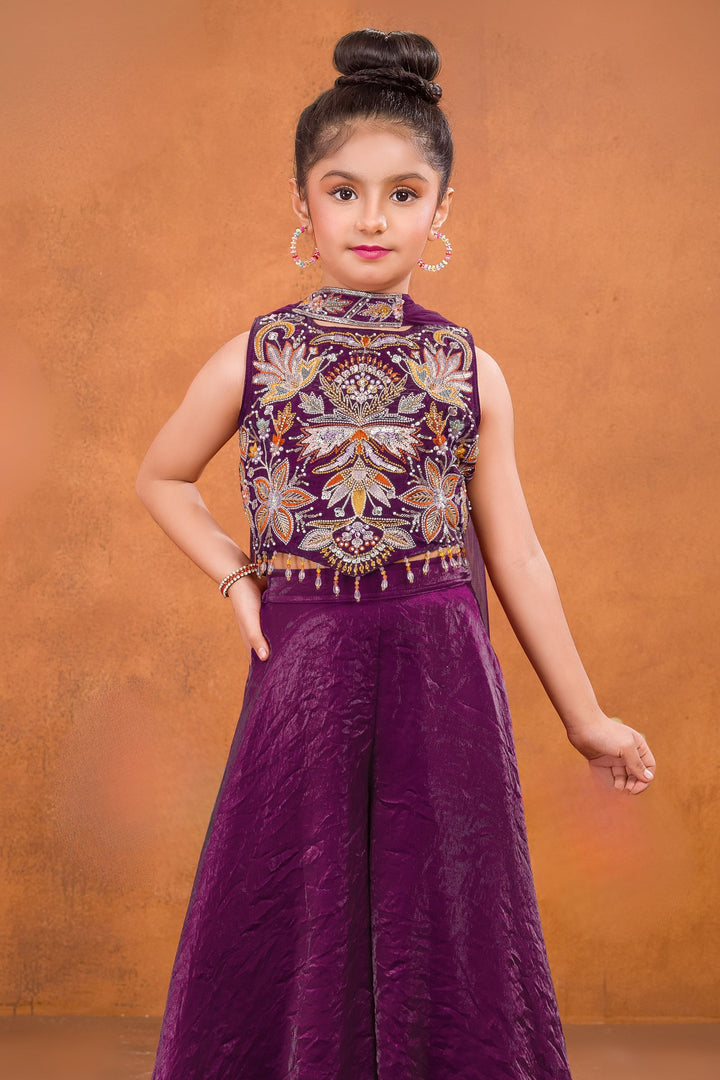 Wine Pearl, Sequins, Beads and Multicolor Embroidery work Palazzo Suit Set for Girls