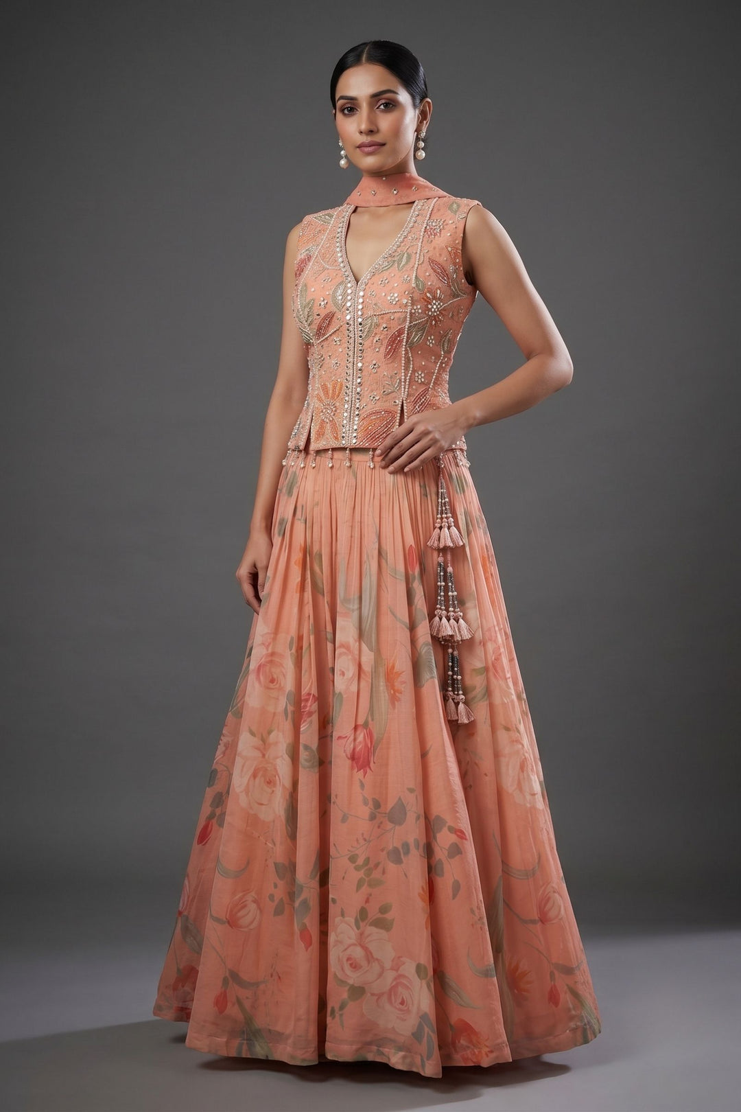 Peach Beads, Mirror and Zardozi work with Digital Print Peplum Style Lehenga