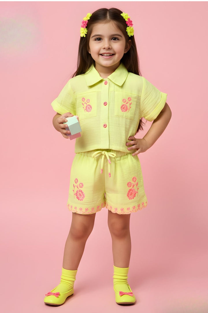 Lemon Yellow Embroidery work Top and Shorts For Girls